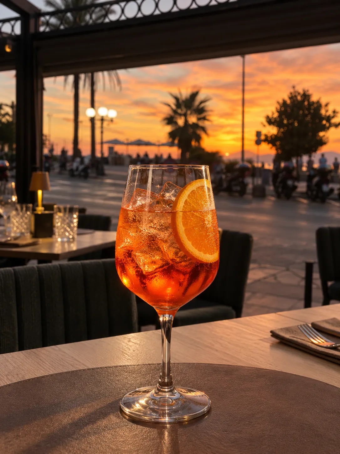 Uno spritz con ghiaccio e arancia sul tavolo della veranda, al tramonto